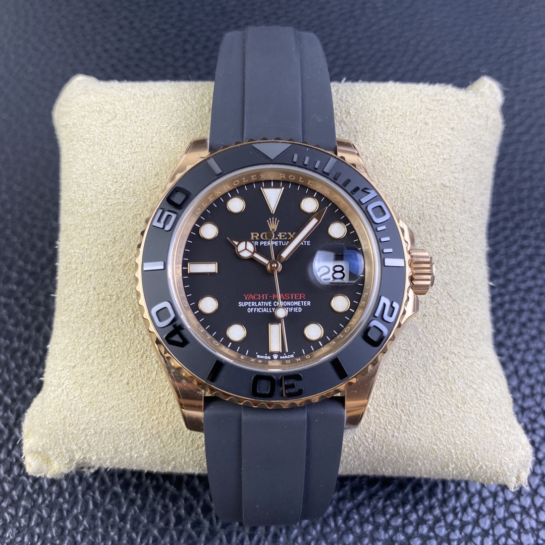 Rolex Yacht-Master 126655-0002 40mm Clean Factory 1:1 904L Rose Gold Case Black Dial 3D Black Ceramic Bezel on Black Oysterflex Strap SA3235 Movement
