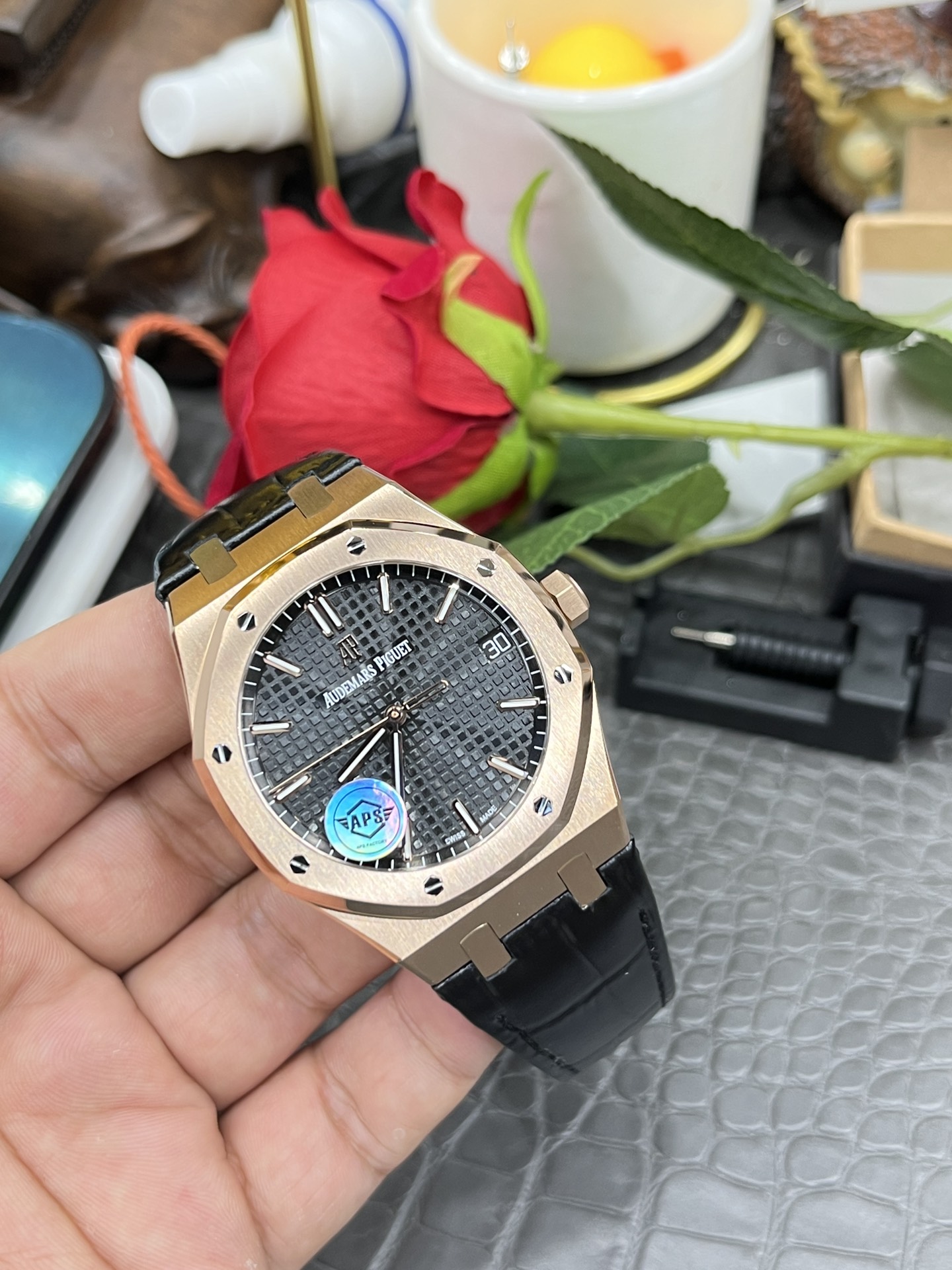 Royal Oak 41mm 15500 APS Factory Rose Gold Black Dial Leather Strap 4302 Movement - Image 8